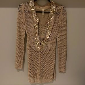 Victorias Secret Knit Crochet Long Sleeve Swim Coverup Beige Beaded